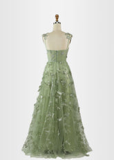 Hermosa | Green Prom Dresses Long A Line Long Tulle Corset with 3D Butterflies - Sage Green - PromDressClub